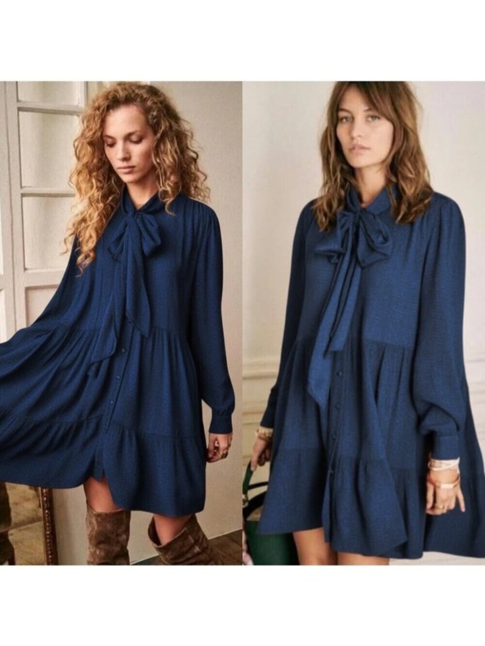 SEZANE Selena Tie Neck Dress in Marine Mat Size XS *READ*